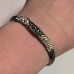 Sterling Silver 925 Silver And Black Rhinestones Hinged Cuff Bracelet